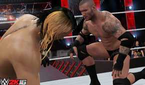 A screenshot from WWE 2K16, showing a bald Randy Orton lean across the ring from Seth Rollins, sporting blonde and black hair.