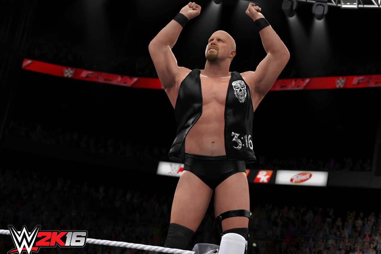 A screenshot from WWE 2K16, showing Stone Cold Steve Austin raise his arms to the crowd while atop a turnbuckle.