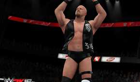 A screenshot from WWE 2K16, showing Stone Cold Steve Austin raise his arms to the crowd while atop a turnbuckle.