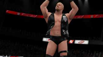 A screenshot from WWE 2K16, showing Stone Cold Steve Austin raise his arms to the crowd while atop a turnbuckle.