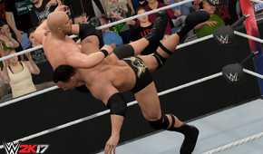A screenshot from WWE 2K17, showing The Rock hit the Rock Bottom on Stone Cold Steve Austin.