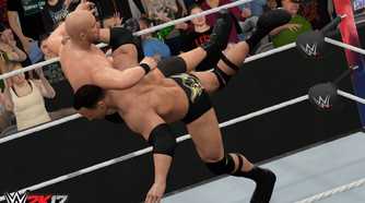 A screenshot from WWE 2K17, showing The Rock hit the Rock Bottom on Stone Cold Steve Austin.