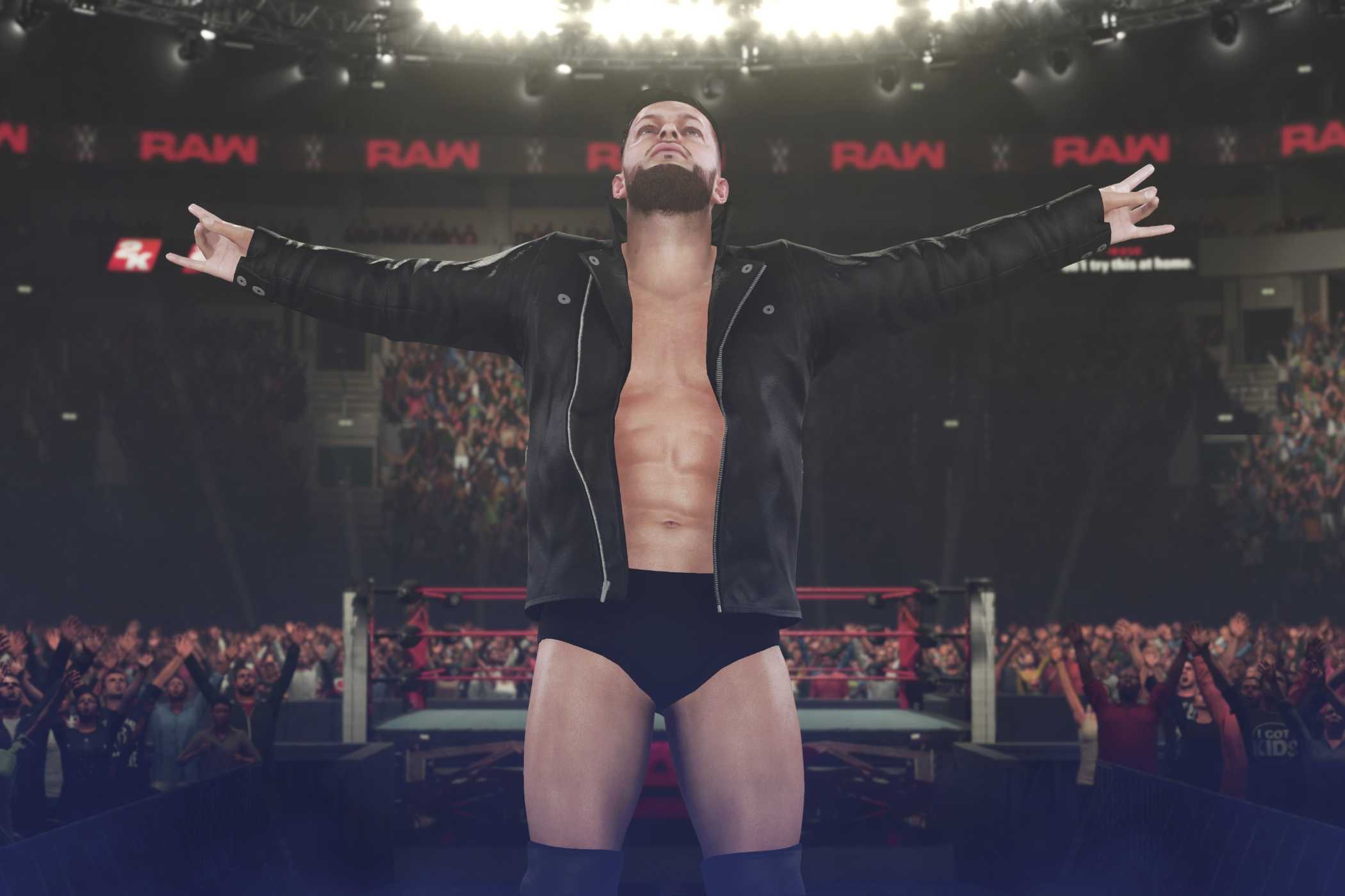 A screenshot from WWE 2K18, showing Finn Balor in an unzipped black jacket.