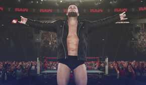 A screenshot from WWE 2K18, showing Finn Balor in an unzipped black jacket.