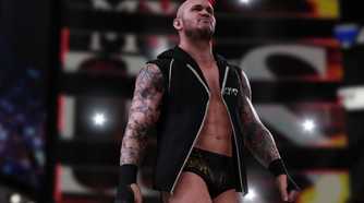 A screenshot from WWE 2K18, showing Randy Orton, wearing a sleeveless black zipper jacket.