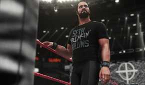 A screenshot from WWE 2K18, showing Seth Rollins make his way to the ring wearing all-black.