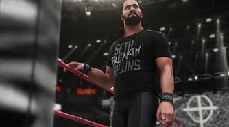 A screenshot from WWE 2K18, showing Seth Rollins make his way to the ring wearing all-black.