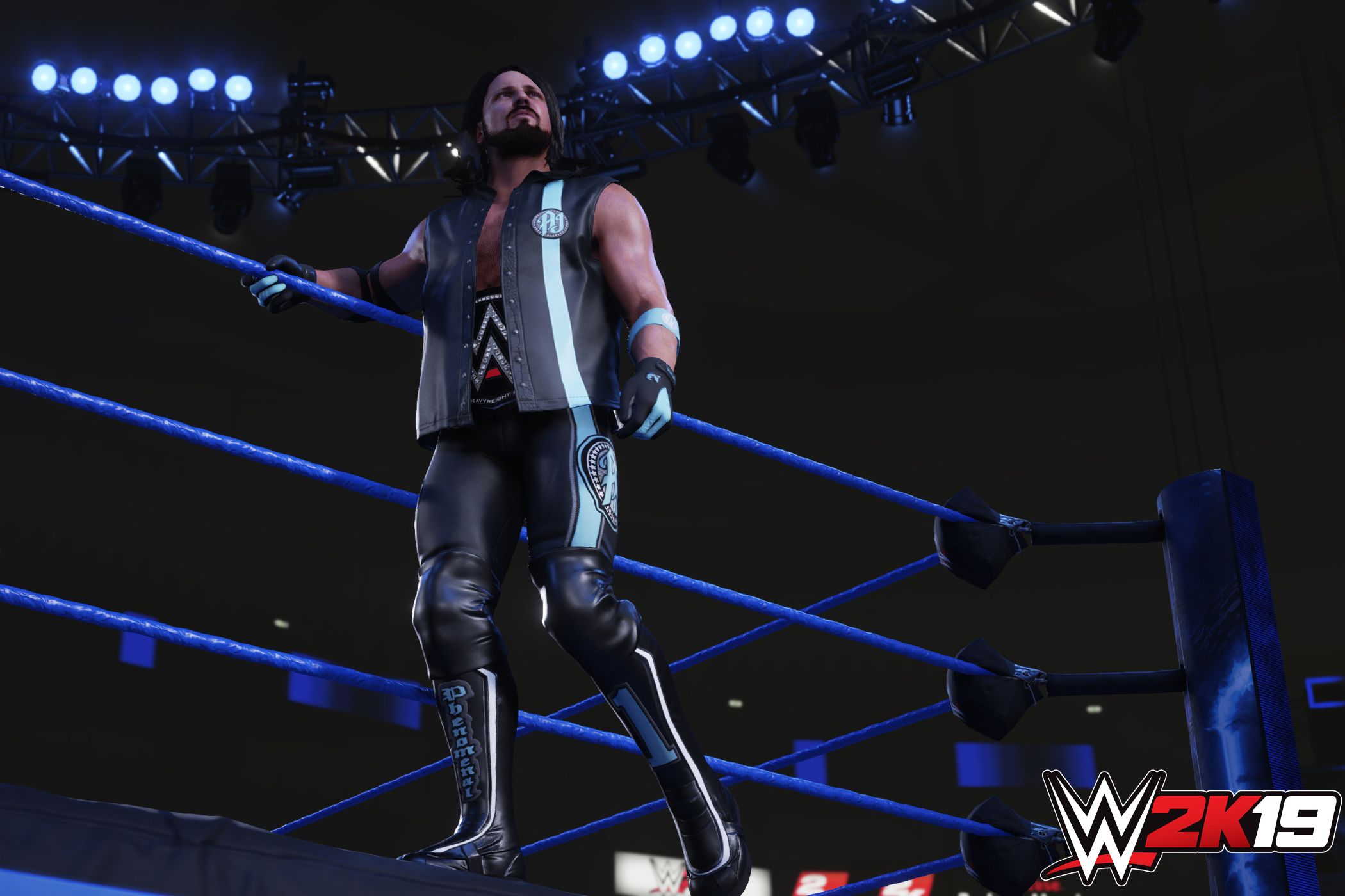 A screenshot from WWE 2K19, showing AJ Styles standing on the ring apron while wearing a WWE title belt around his waist.