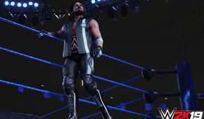 A screenshot from WWE 2K19, showing AJ Styles standing on the ring apron while wearing a WWE title belt around his waist.