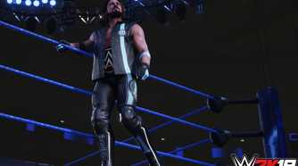 A screenshot from WWE 2K19, showing AJ Styles standing on the ring apron while wearing a WWE title belt around his waist.