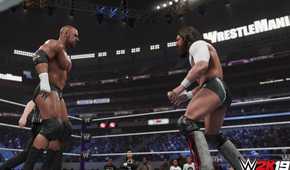 A screenshot from WWE 2K19, showing a bald Triple H face off against a bandaged Daniel Bryan with long hair inside the ring.