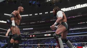 A screenshot from WWE 2K19, showing a bald Triple H face off against a bandaged Daniel Bryan with long hair inside the ring.