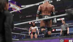 A screenshot from WWE 2K19, showing a bald Triple H face off against a bandaged Daniel Bryan in the ring as a referee looks on inside the ring.