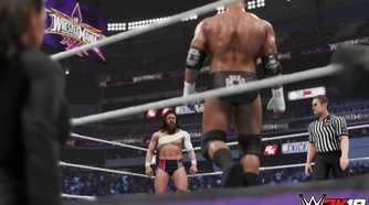 A screenshot from WWE 2K19, showing a bald Triple H face off against a bandaged Daniel Bryan in the ring as a referee looks on inside the ring.