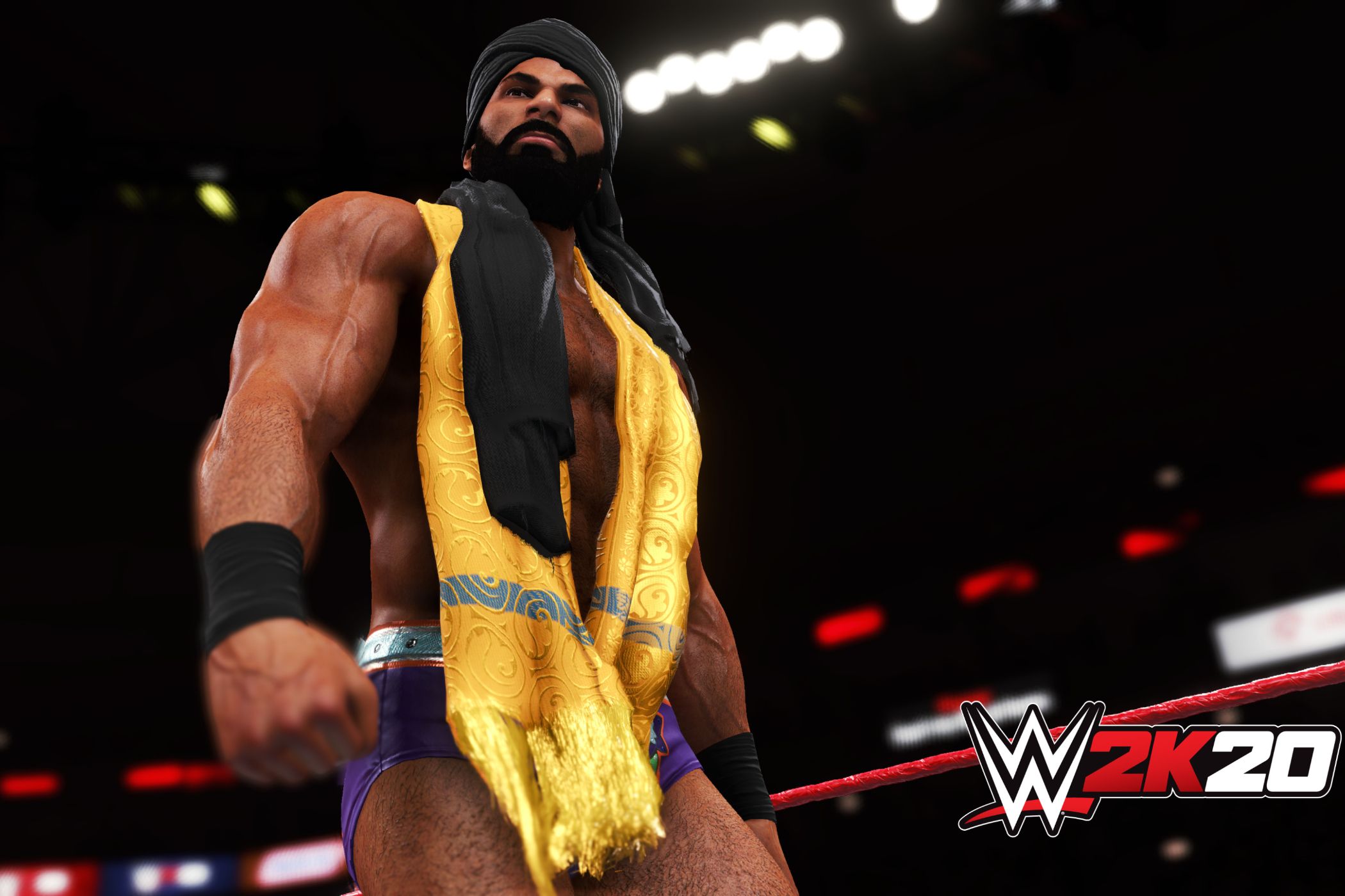 WWE superstar Jinder Mahal wearing a gold scarf