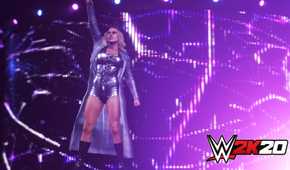 WWE superstar Trish Stratus throwing a finger up in the air