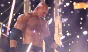 A screenshot from WWE 2K22, showing Bill Goldberg make his entrance as pyro goes off around him.