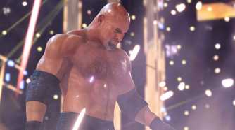 A screenshot from WWE 2K22, showing Bill Goldberg make his entrance as pyro goes off around him.