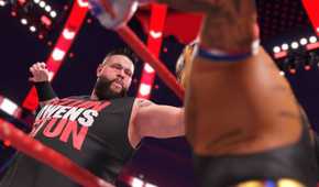 A screenshot from WWE 2K22, showing Kevin Owens inside the ring attacking Rey Mysterio on the apron.