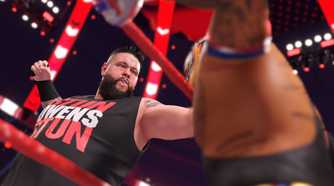 A screenshot from WWE 2K22, showing Kevin Owens inside the ring attacking Rey Mysterio on the apron.