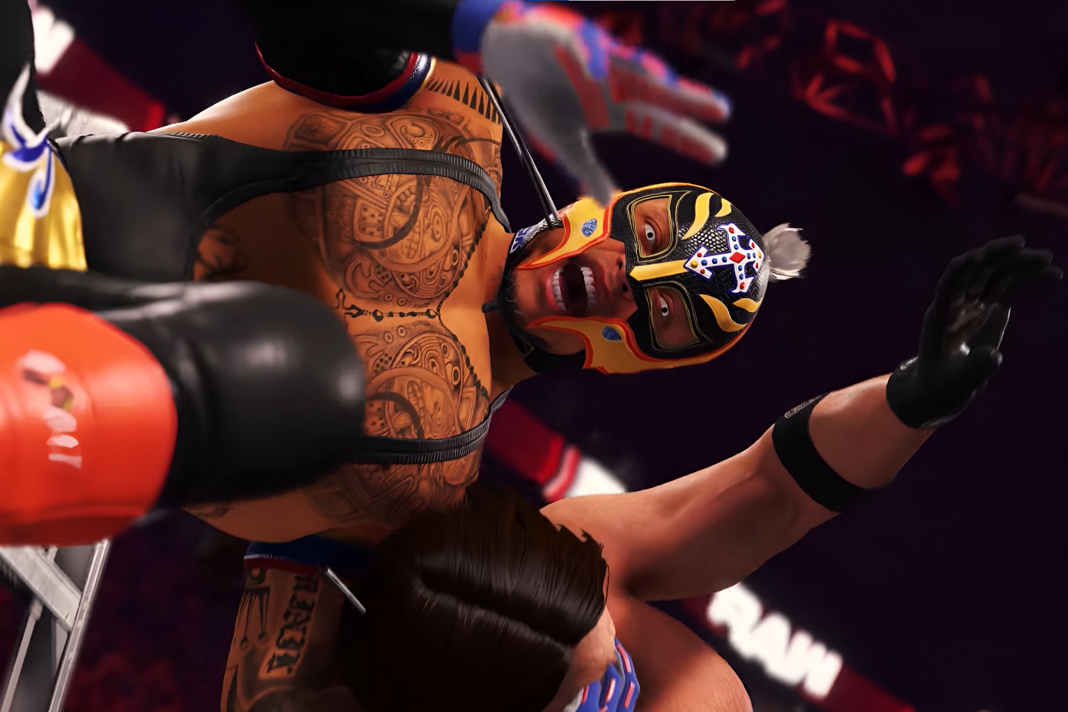 A screenshot from WWE 2K22, showing Rey Mysterio, wearing a mask.