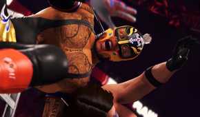 A screenshot from WWE 2K22, showing Rey Mysterio, wearing a mask.