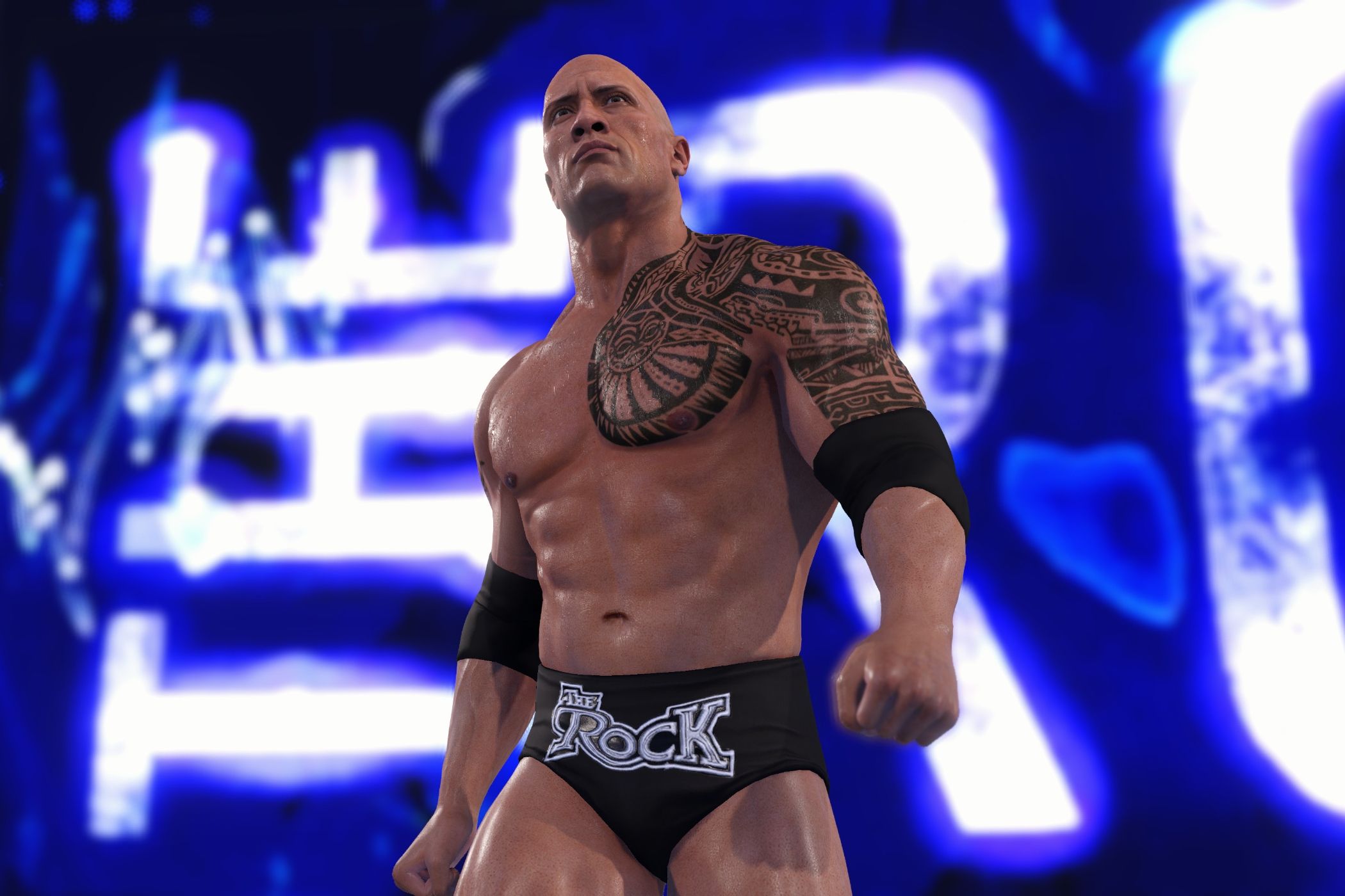 A screenshot from WWE 2K22, showing The Rock enter the arena.