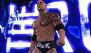 A screenshot from WWE 2K22, showing The Rock enter the arena.