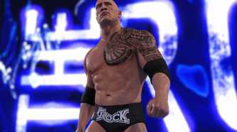 A screenshot from WWE 2K22, showing The Rock enter the arena.