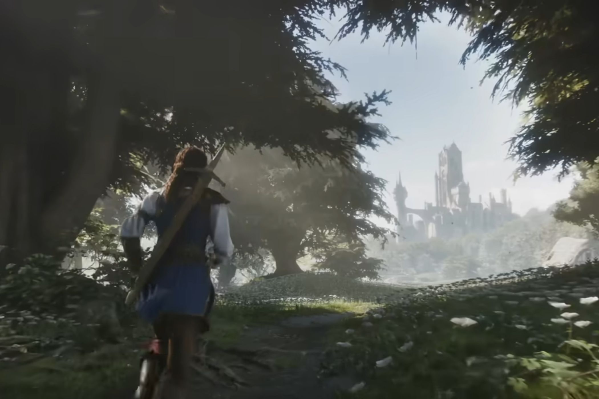 Fable woman running through woods toward city
