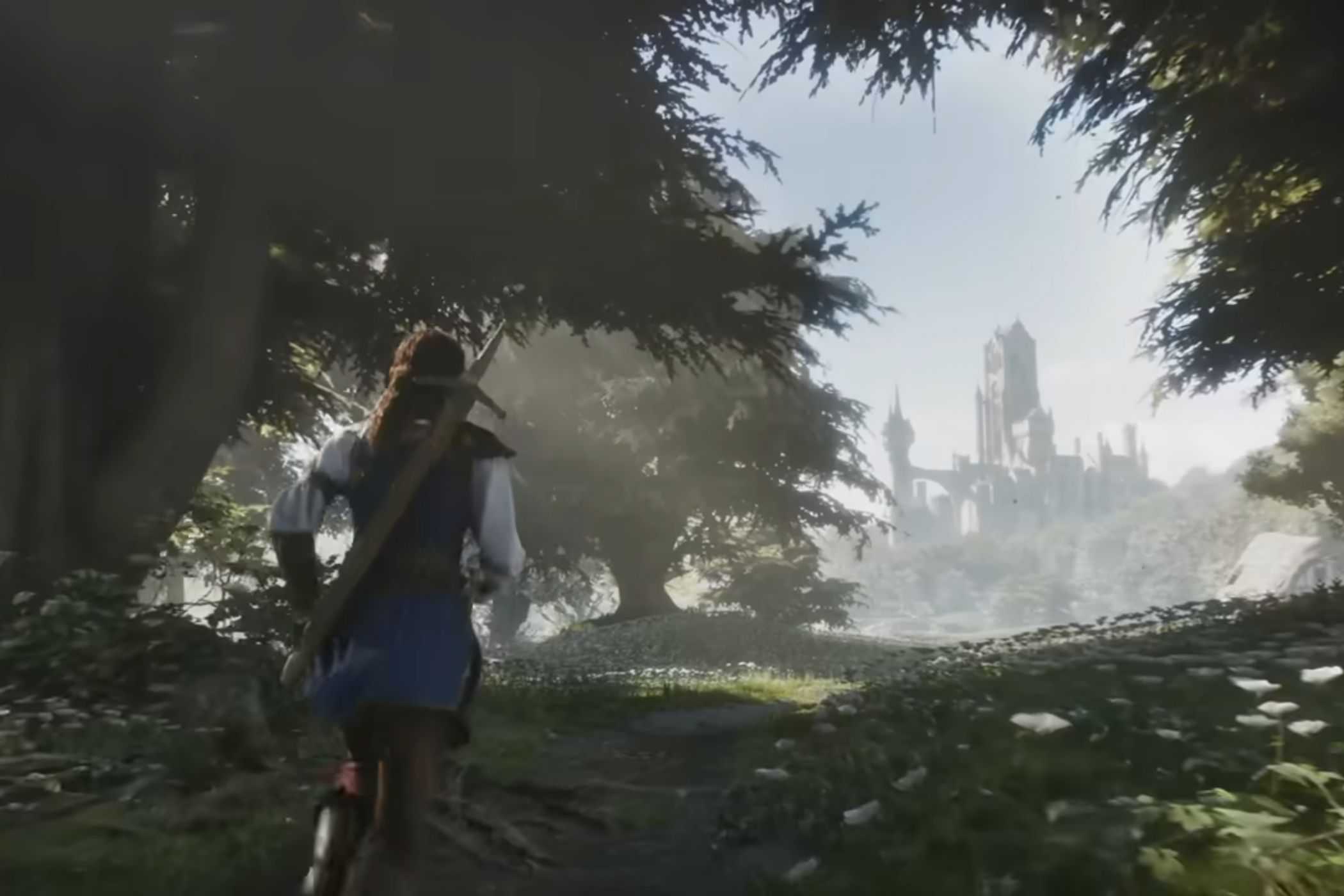 Fable woman running through woods toward city