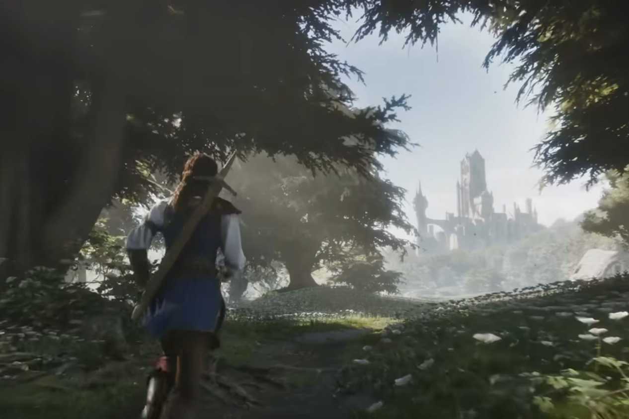 Fable woman running through woods toward city