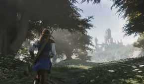 Fable woman running through woods toward city