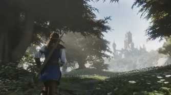 Fable woman running through woods toward city