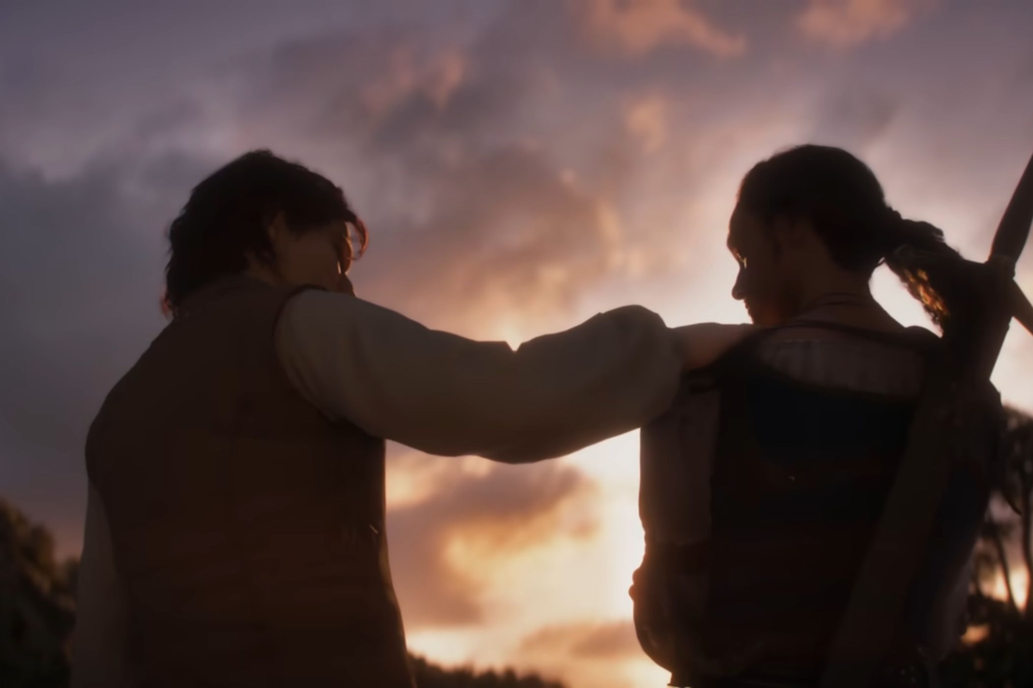 Fable man and woman sitting together at sunset