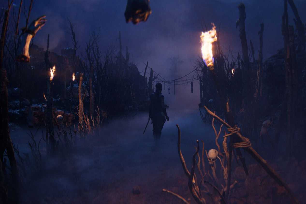 Hellblade 2 Senua walking through boneyard
