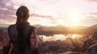 Hellblade 2 Senua standing on cliff at sunrise