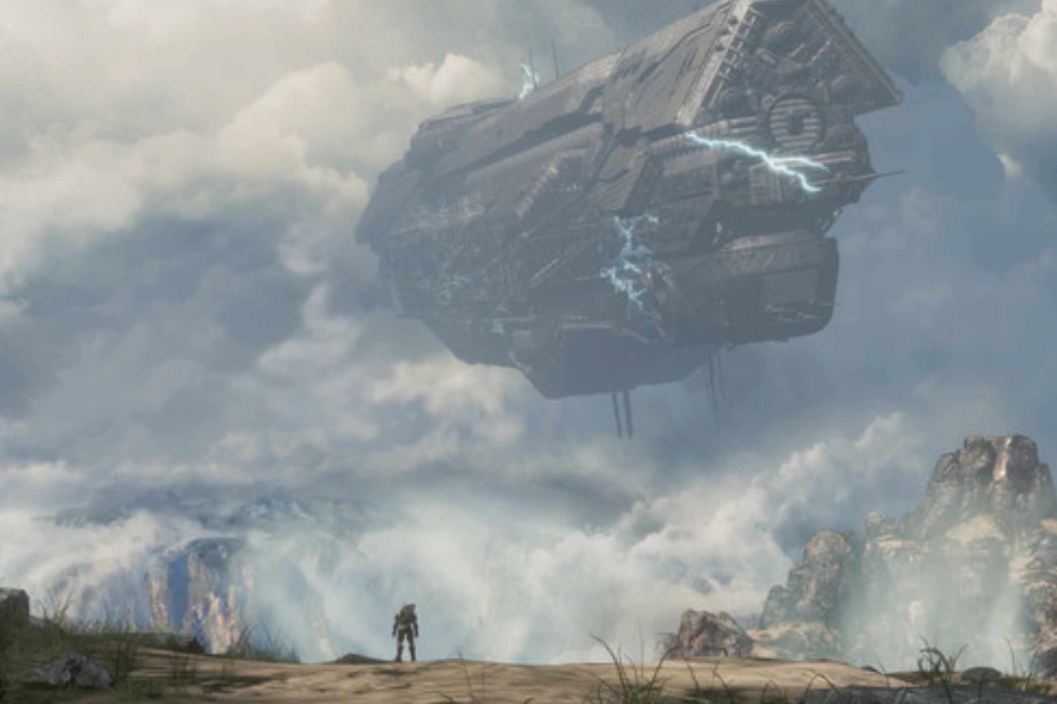 Master Chief Collection Master Chief standing on cliff below space ship