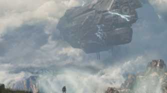 Master Chief Collection Master Chief standing on cliff below space ship