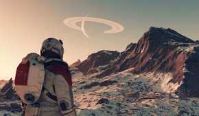 Starfield astronaut exploring icy and mountainous planet