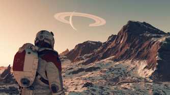 Starfield astronaut exploring icy and mountainous planet