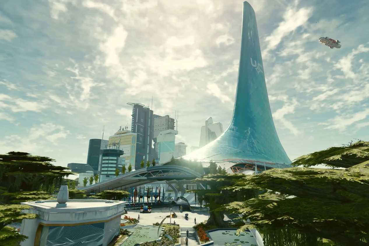 Starfield overview of city near forest
