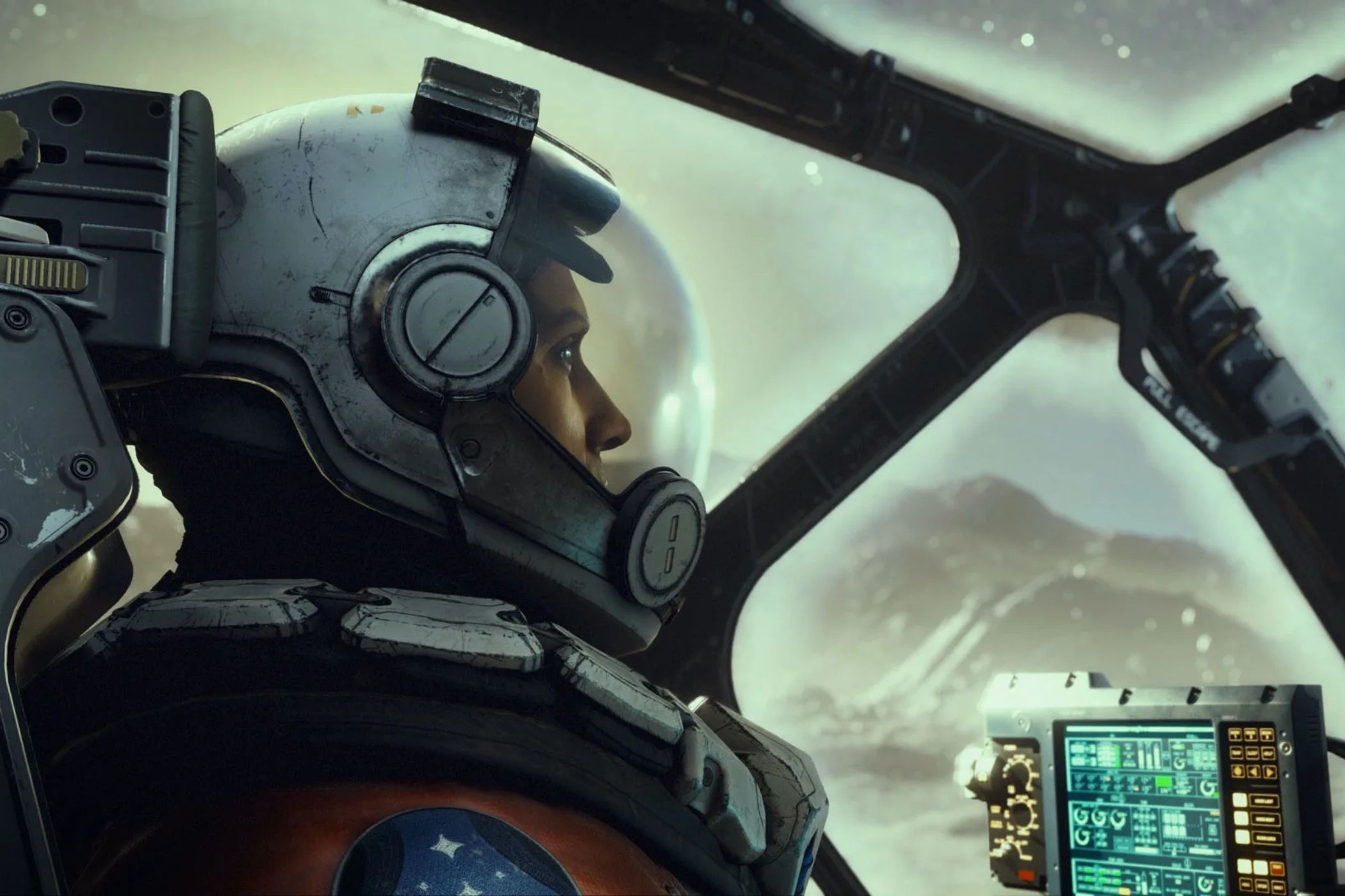 Starfield player in wearing space suit in ship