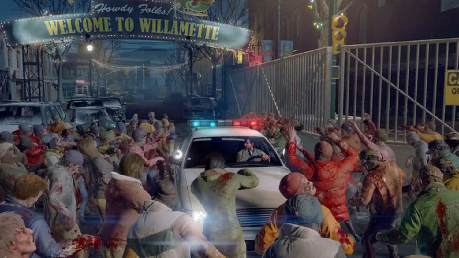 A horde of zombies attacking a car