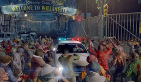 A horde of zombies attacking a car