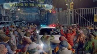 A horde of zombies attacking a car