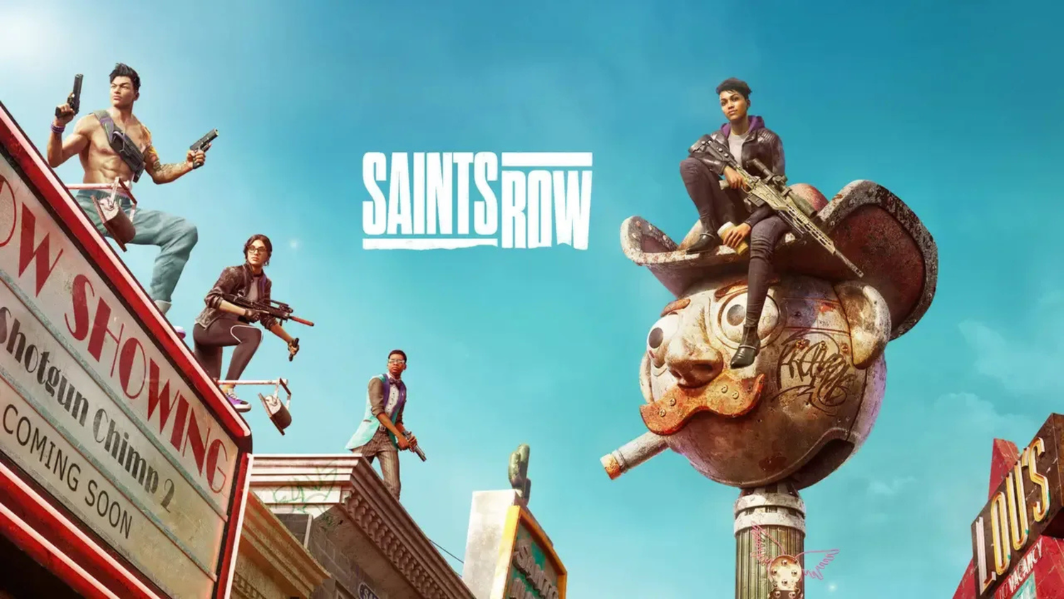 a man sitting on a sign, with the Saints Row logo in the sky