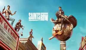 a man sitting on a sign, with the Saints Row logo in the sky