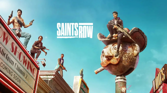 a man sitting on a sign, with the Saints Row logo in the sky