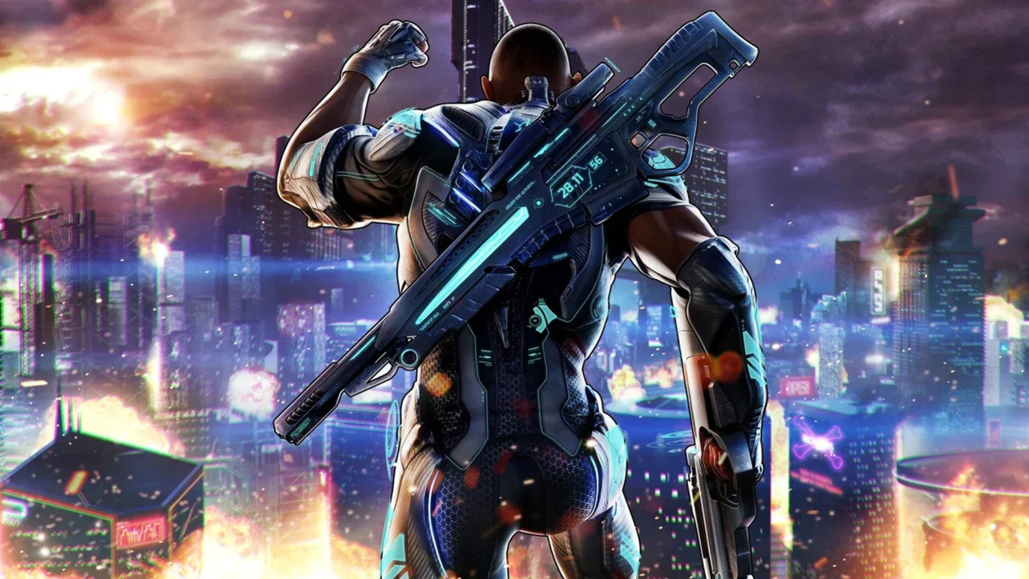 The protagonist facing a city in Crackdown 3